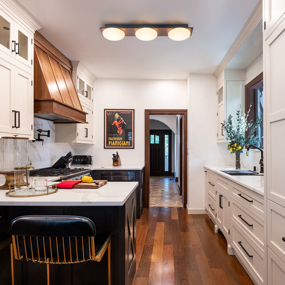 Farmhouse 3-Light Round Wooden Grain LED Semi Flush Mount With Shade