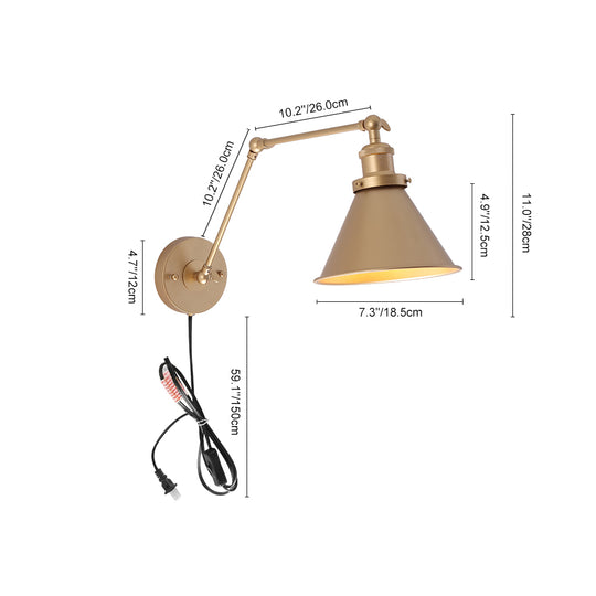 Mid-Century 1-Light Cone Plug-In Swing Arm Wall Light For Bedroom