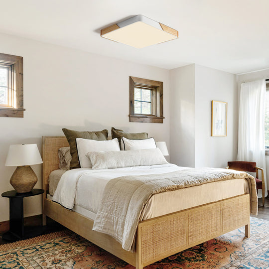 Square Dimmable Led Flush Mount With Wood Accent