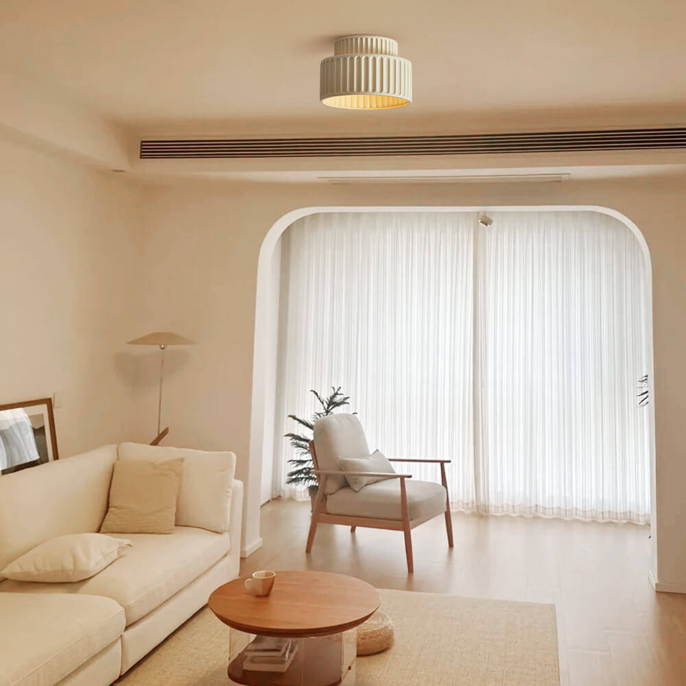 Pendantlightie - 1 - Light Cream Style Vintage Drum Semi Flush Mount - Semi Flush Mount - Beige -