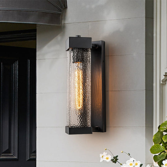 Pendantlightie - 1 - Light Geometric Rectangular Water Rippled Glass Outdoor Wall Light - Outdoor Wall Light - Black -
