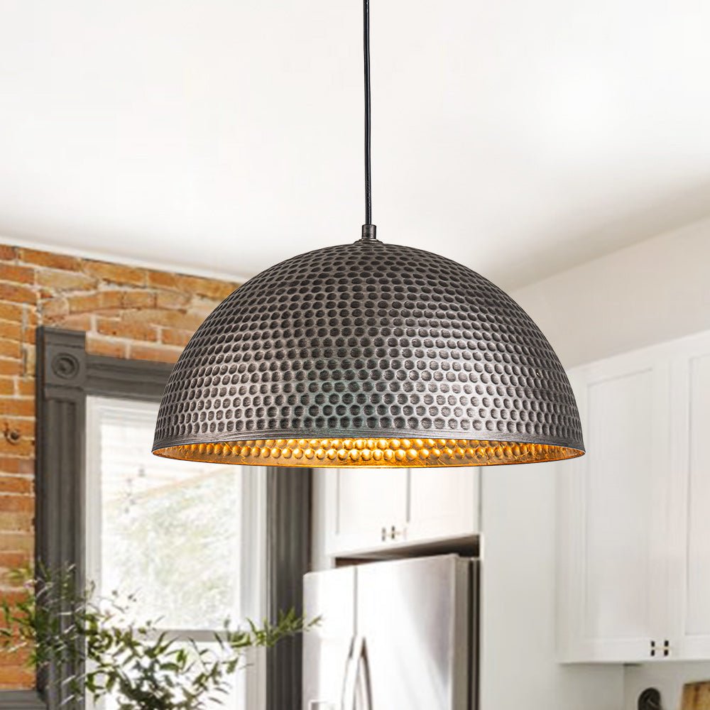 Pendantlightie - 1 - Light Industrial Hammered Metal Dome Pendant Light - Pendants - Silver Black - 15.7 in (40 cm)