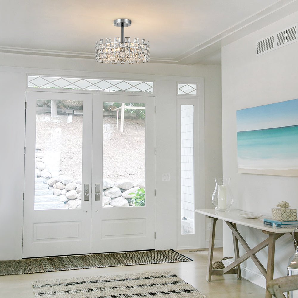 Pendantlightie - 4 - Light Hollow Design Facet Glam Crystal Drum Semi Flush Ceiling Light - Semi Flush Mount - Chrome -