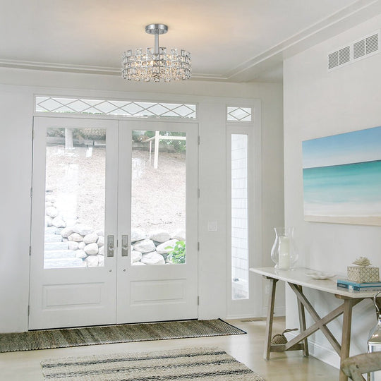 Pendantlightie - 4 - Light Hollow Design Facet Glam Crystal Drum Semi Flush Ceiling Light - Semi Flush Mount - Chrome -