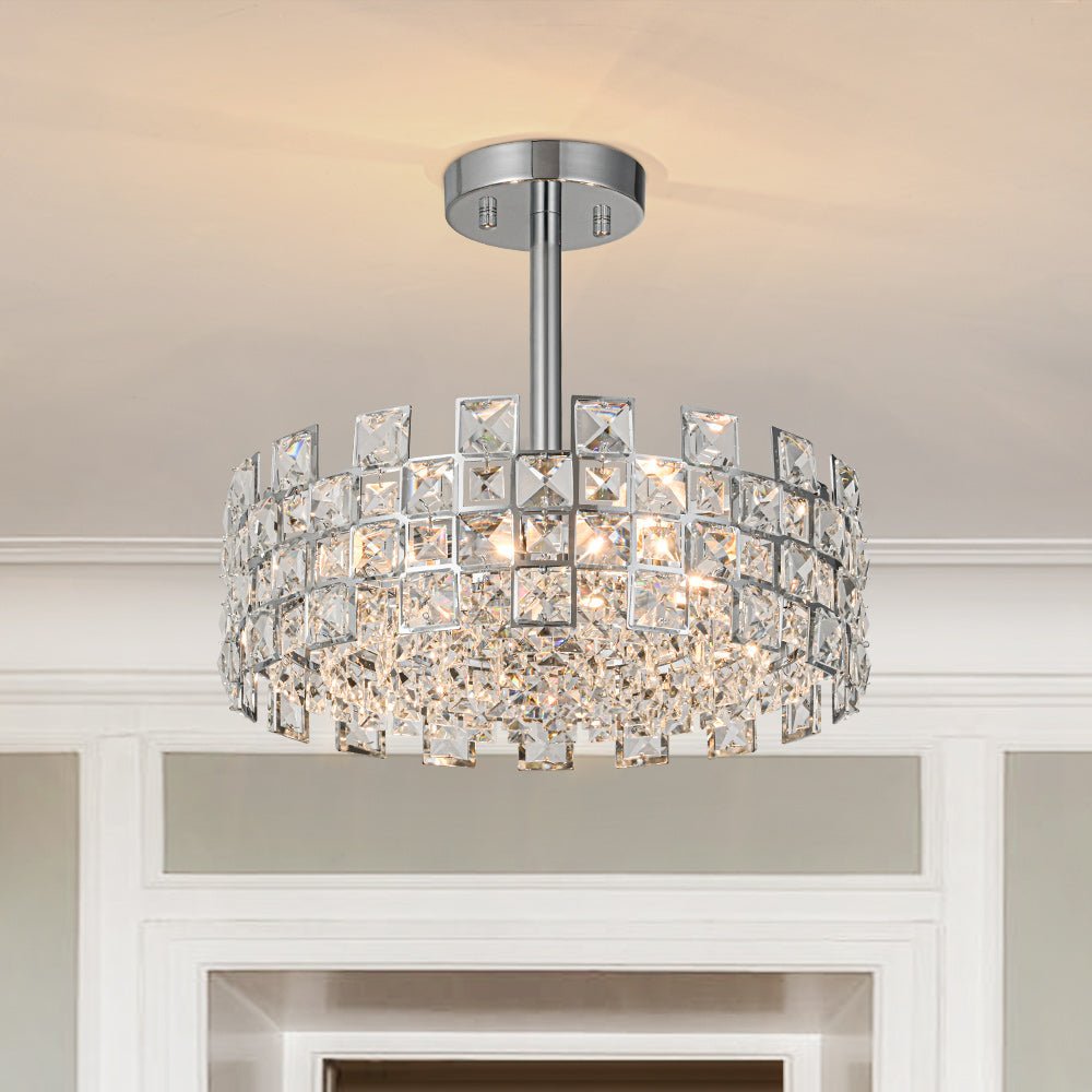 Pendantlightie - 4 - Light Hollow Design Facet Glam Crystal Drum Semi Flush Ceiling Light - Semi Flush Mount - Chrome -