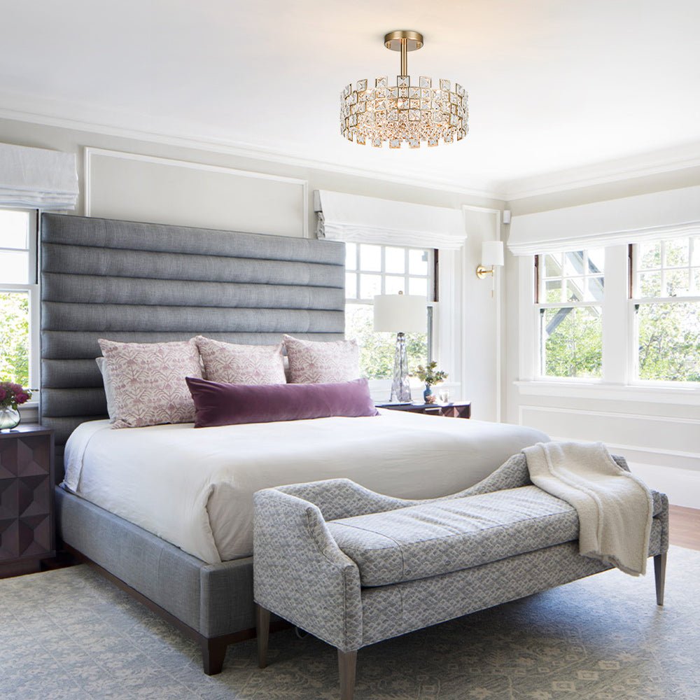 Pendantlightie - 4 - Light Hollow Design Facet Glam Crystal Drum Semi Flush Ceiling Light - Semi Flush Mount - Chrome -