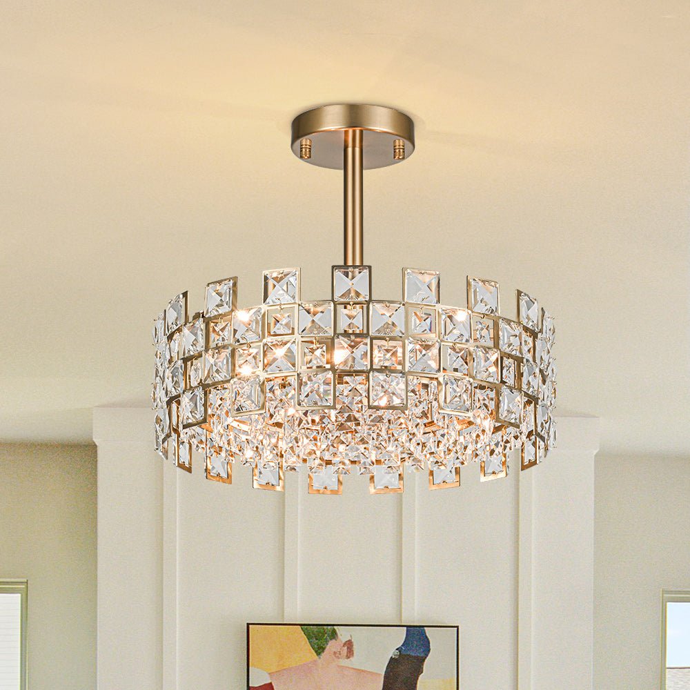 Pendantlightie - 4 - Light Hollow Design Facet Glam Crystal Drum Semi Flush Ceiling Light - Semi Flush Mount - Gold -