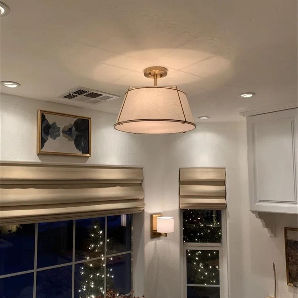 Pendantlightie - 4 - Light Linen Tapered Drum Semi Flush Mount - Semi Flush Mount - Brass -