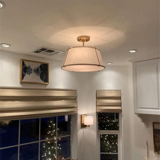 Pendantlightie - 4 - Light Linen Tapered Drum Semi Flush Mount - Semi Flush Mount - Brass -