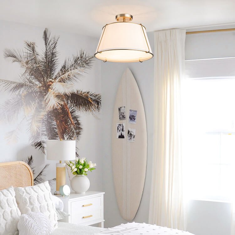 Pendantlightie - 4 - Light Linen Tapered Drum Semi Flush Mount - Semi Flush Mount - Brass -
