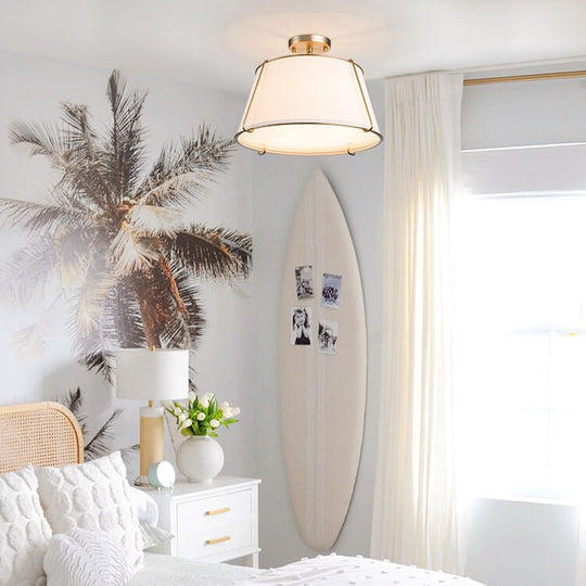 Pendantlightie - 4 - Light Linen Tapered Drum Semi Flush Mount - Semi Flush Mount - Brass -
