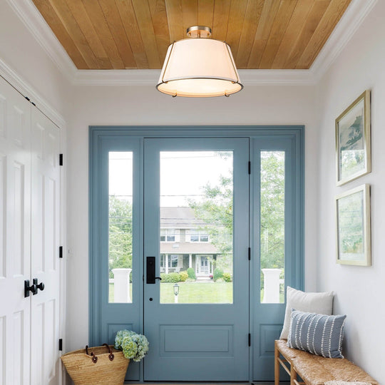 Pendantlightie - 4 - Light Linen Tapered Drum Semi Flush Mount - Semi Flush Mount - Brass -