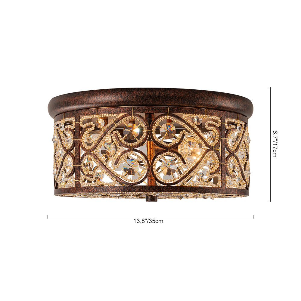 Pendantlightie - 4 - Light Vintage Crystal Drum Ceiling Light - Flush Mount - Antique copper -