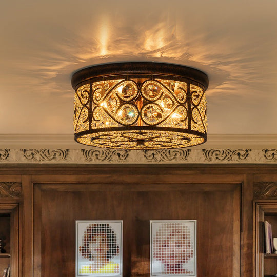 Pendantlightie - 4 - Light Vintage Crystal Drum Ceiling Light - Flush Mount - Antique copper -