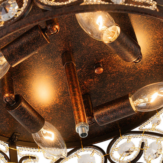 Pendantlightie - 4 - Light Vintage Crystal Drum Ceiling Light - Flush Mount - Antique copper -
