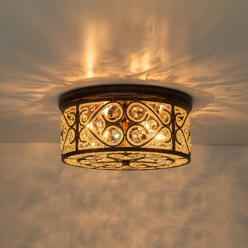 Pendantlightie - 4 - Light Vintage Crystal Drum Ceiling Light - Flush Mount - Antique copper -