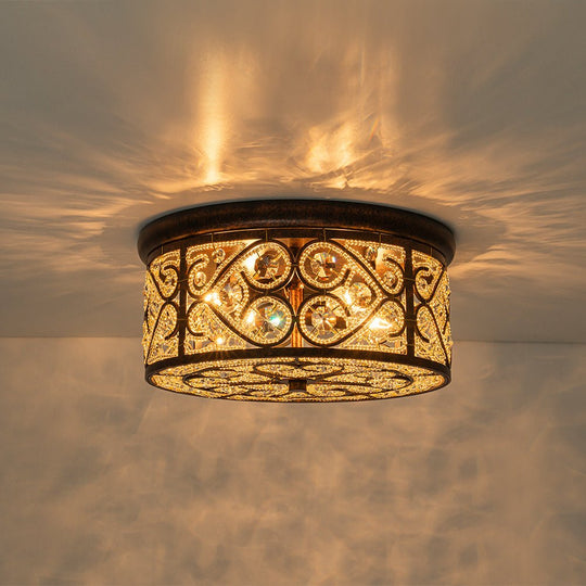 Pendantlightie - 4 - Light Vintage Crystal Drum Ceiling Light - Flush Mount - Antique copper -