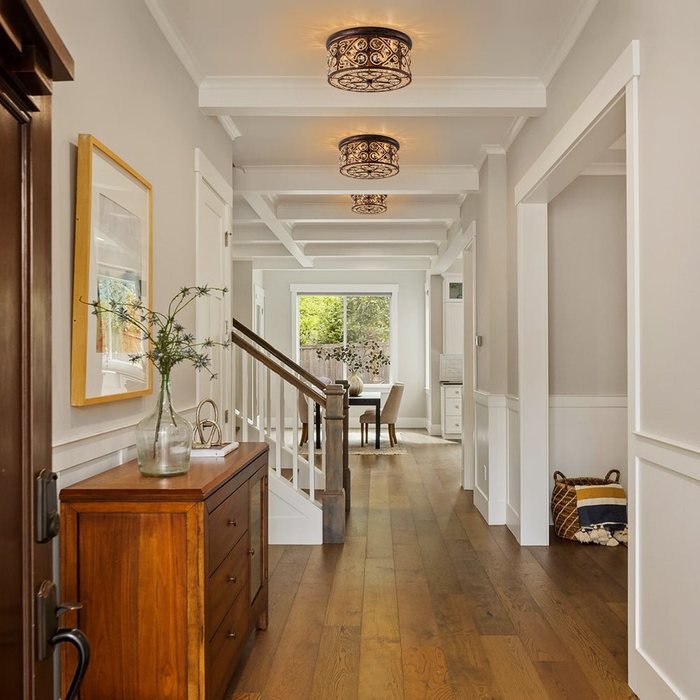 Pendantlightie - 4 - Light Vintage Crystal Drum Ceiling Light - Flush Mount - Antique copper -