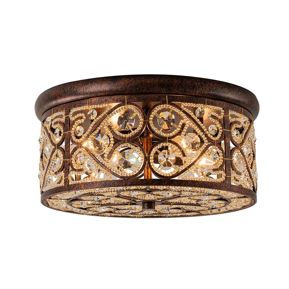 Pendantlightie - 4 - Light Vintage Crystal Drum Ceiling Light - Flush Mount - Antique copper -