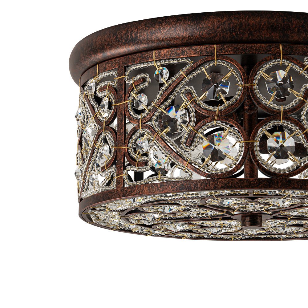 Pendantlightie - 4 - Light Vintage Crystal Drum Ceiling Light - Flush Mount - Antique copper -