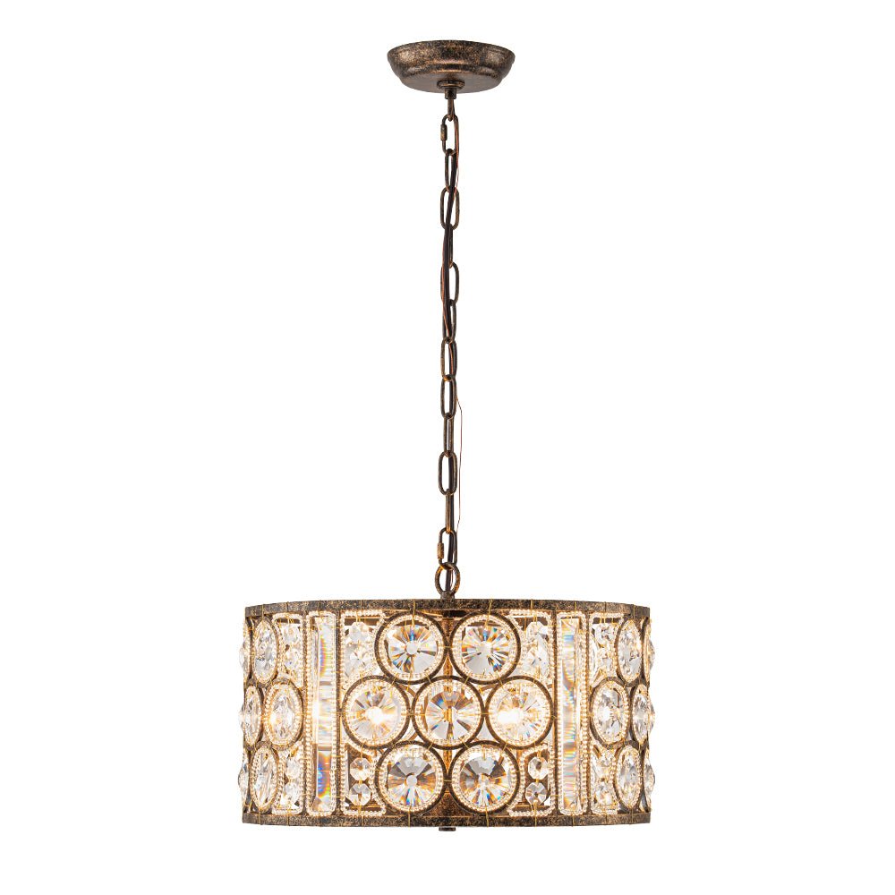 Pendantlightie - 4 - Light Vintage Crystal Drum Shade Chandelier - Chandeliers - Antique Bronze -