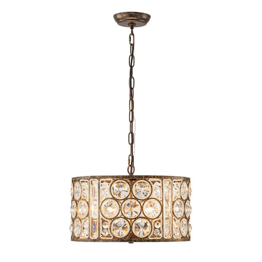 Pendantlightie - 4 - Light Vintage Crystal Drum Shade Chandelier - Chandeliers - Antique Bronze -