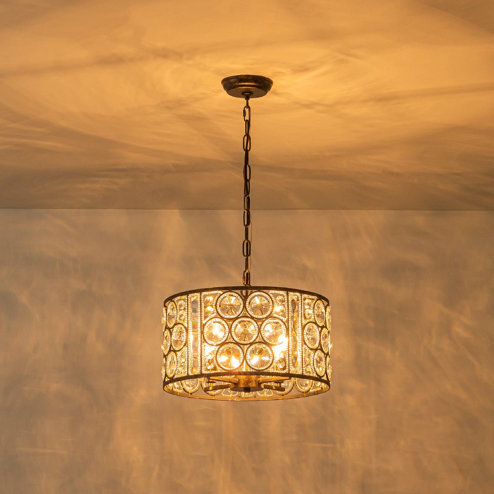Pendantlightie - 4 - Light Vintage Crystal Drum Shade Chandelier - Chandeliers - Antique Bronze -
