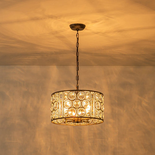 Pendantlightie - 4 - Light Vintage Crystal Drum Shade Chandelier - Chandeliers - Antique Bronze -