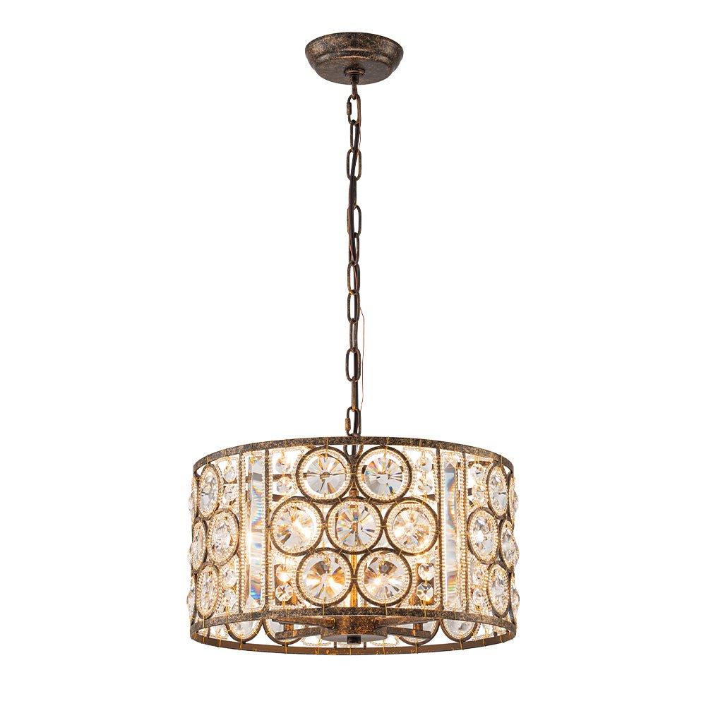 Pendantlightie - 4 - Light Vintage Crystal Drum Shade Chandelier - Chandeliers - Antique Bronze -