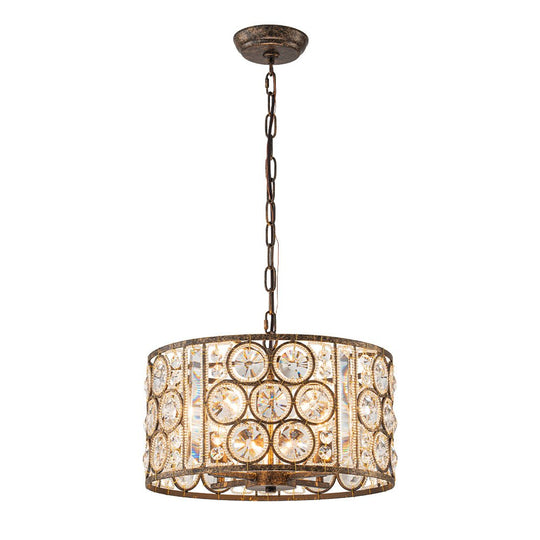 Pendantlightie - 4 - Light Vintage Crystal Drum Shade Chandelier - Chandeliers - Antique Bronze -