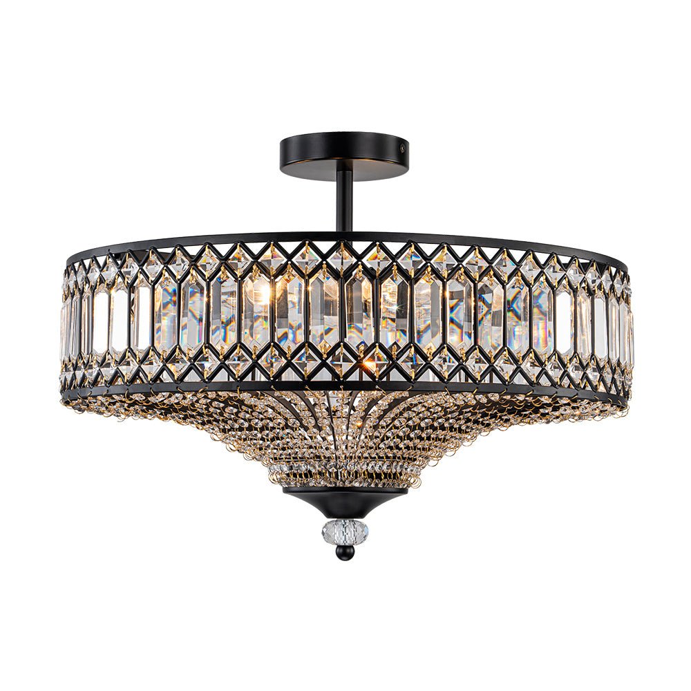 Pendantlightie - 6 - Light Glam Drum Semi Flush Mount With Crystal For Aisle Porch - Semi Flush Mount - Black -