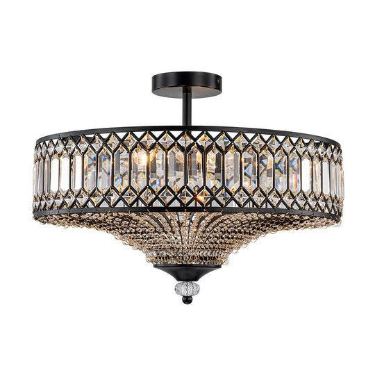 Pendantlightie - 6 - Light Glam Drum Semi Flush Mount With Crystal For Aisle Porch - Semi Flush Mount - Black -
