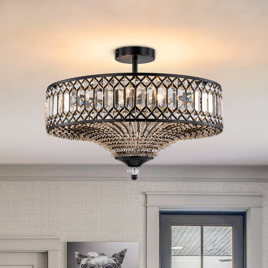 Pendantlightie - 6 - Light Glam Drum Semi Flush Mount With Crystal For Aisle Porch - Semi Flush Mount - Black -