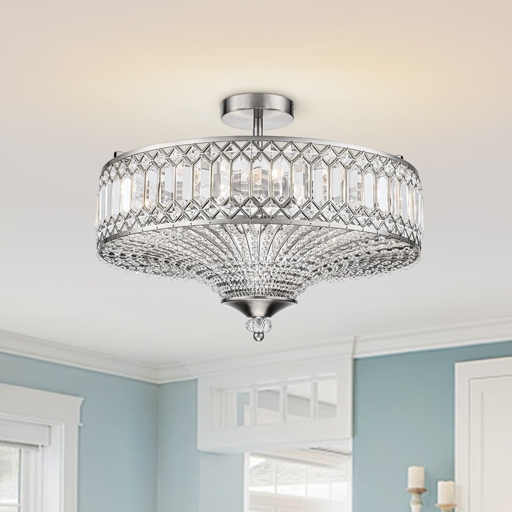 Pendantlightie - 6 - Light Glam Drum Semi Flush Mount With Crystal For Aisle Porch - Semi Flush Mount - Chrome -