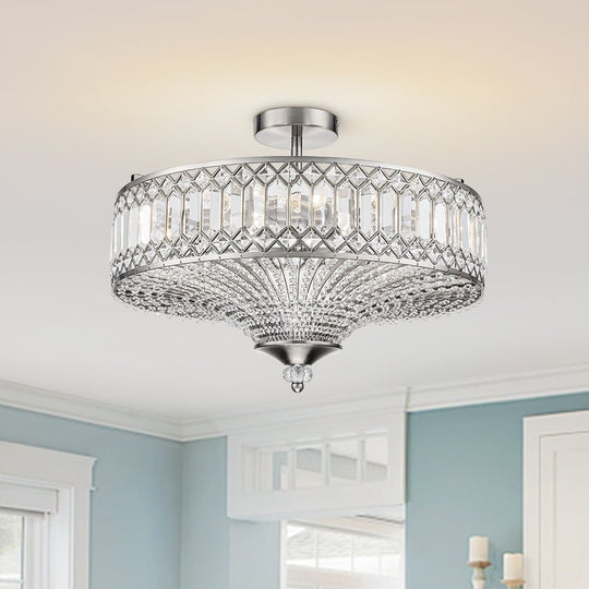 Pendantlightie - 6 - Light Glam Drum Semi Flush Mount With Crystal For Aisle Porch - Semi Flush Mount - Chrome -