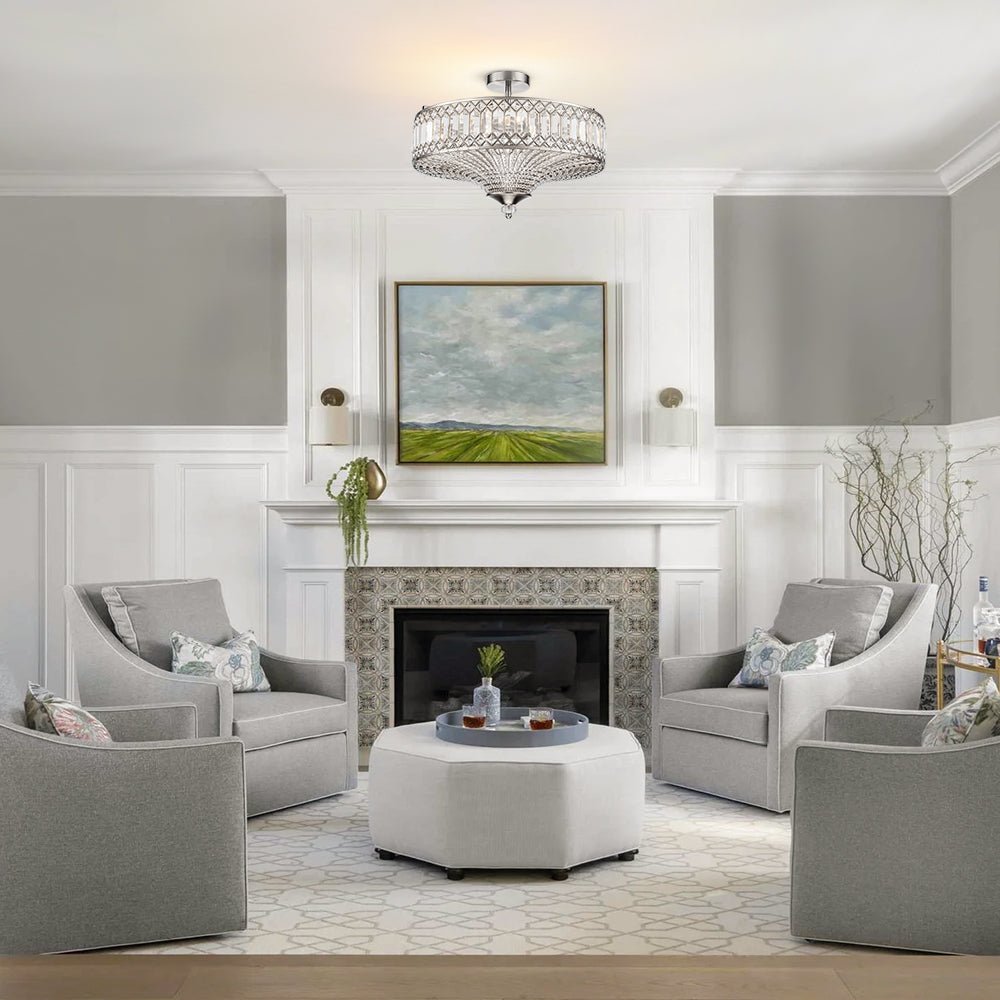 Pendantlightie - 6 - Light Glam Drum Semi Flush Mount With Crystal For Aisle Porch - Semi Flush Mount - Chrome -