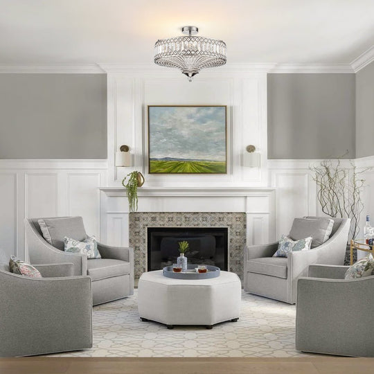 Pendantlightie - 6 - Light Glam Drum Semi Flush Mount With Crystal For Aisle Porch - Semi Flush Mount - Chrome -