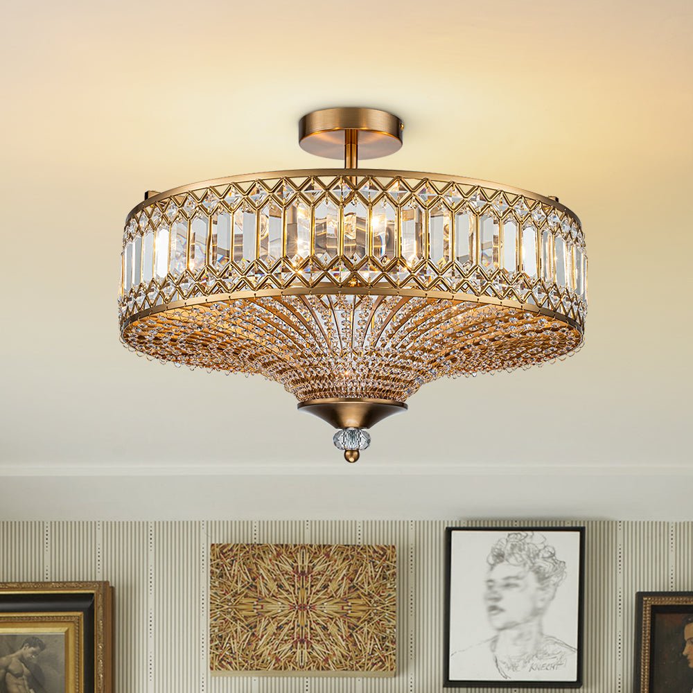 Pendantlightie - 6 - Light Glam Drum Semi Flush Mount With Crystal For Aisle Porch - Semi Flush Mount - Gold -