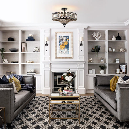 Pendantlightie - 6 - Light Glam Drum Semi Flush Mount With Crystal For Aisle Porch - Semi Flush Mount - Gold -