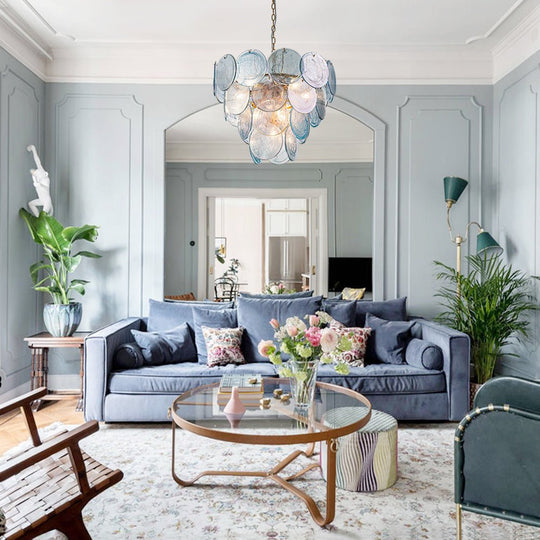 Pendantlightie - Arts And Crafts Vintage 9 - Light Swirled Cloud Glass Tiered Chandelier - Chandeliers - Blue -