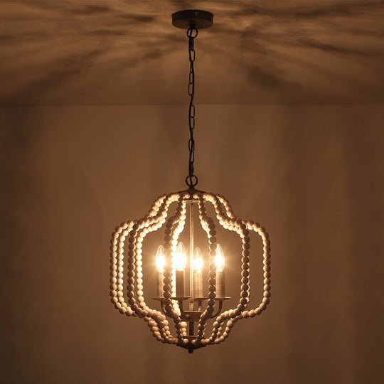 Pendantlightie - Boho 4 - Light Geometric Lantern Wooden Beaded Chandelier - Chandeliers - Beige Wood Bead -