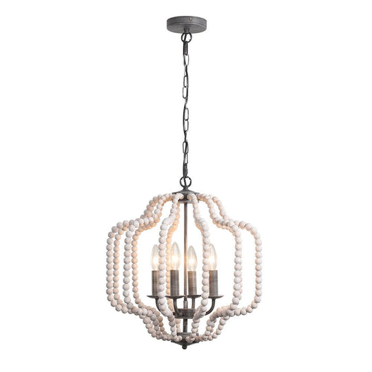 Pendantlightie - Boho 4 - Light Geometric Lantern Wooden Beaded Chandelier - Chandeliers - Beige Wood Bead -