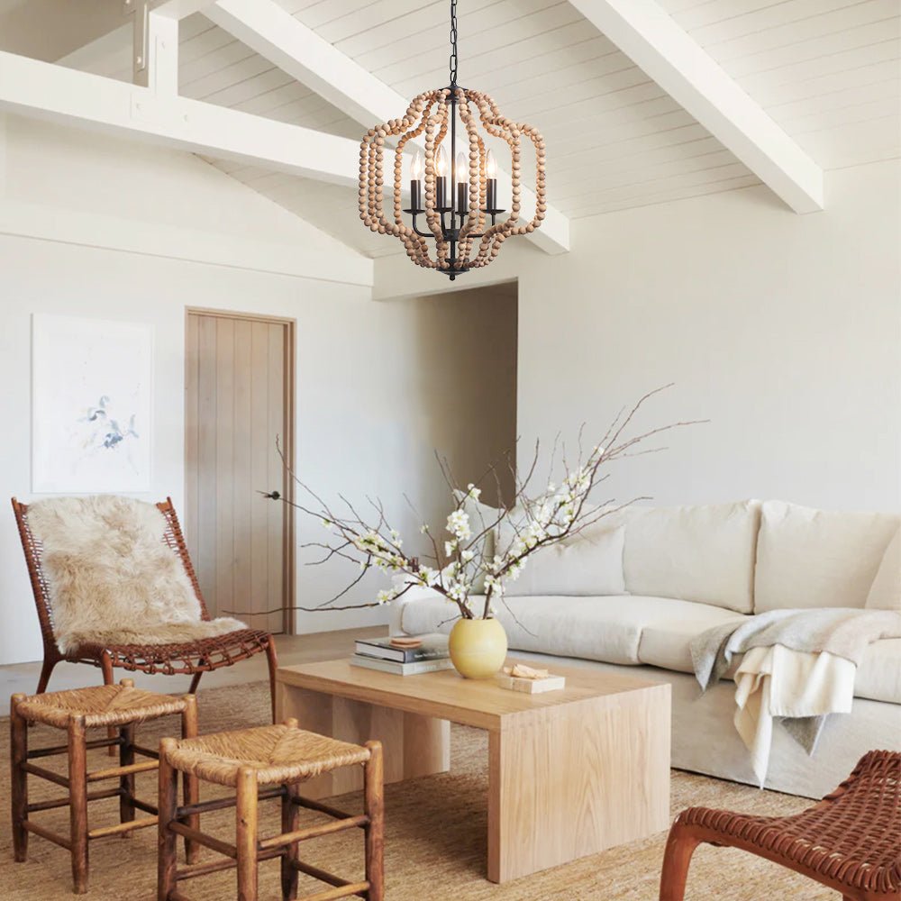 Pendantlightie - Boho 4 - Light Geometric Lantern Wooden Beaded Chandelier - Chandeliers - Beige Wood Bead -