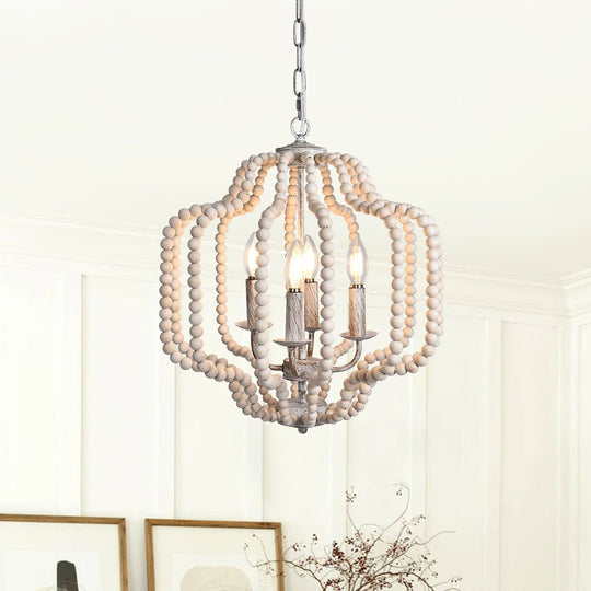 Pendantlightie - Boho 4 - Light Geometric Lantern Wooden Beaded Chandelier - Chandeliers - Beige Wood Bead -