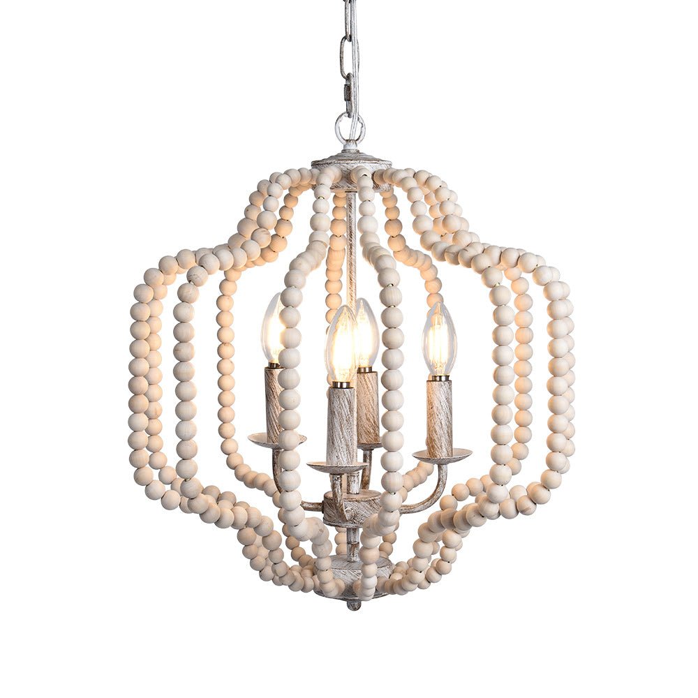 Pendantlightie - Boho 4 - Light Geometric Lantern Wooden Beaded Chandelier - Chandeliers - Beige Wood Bead -