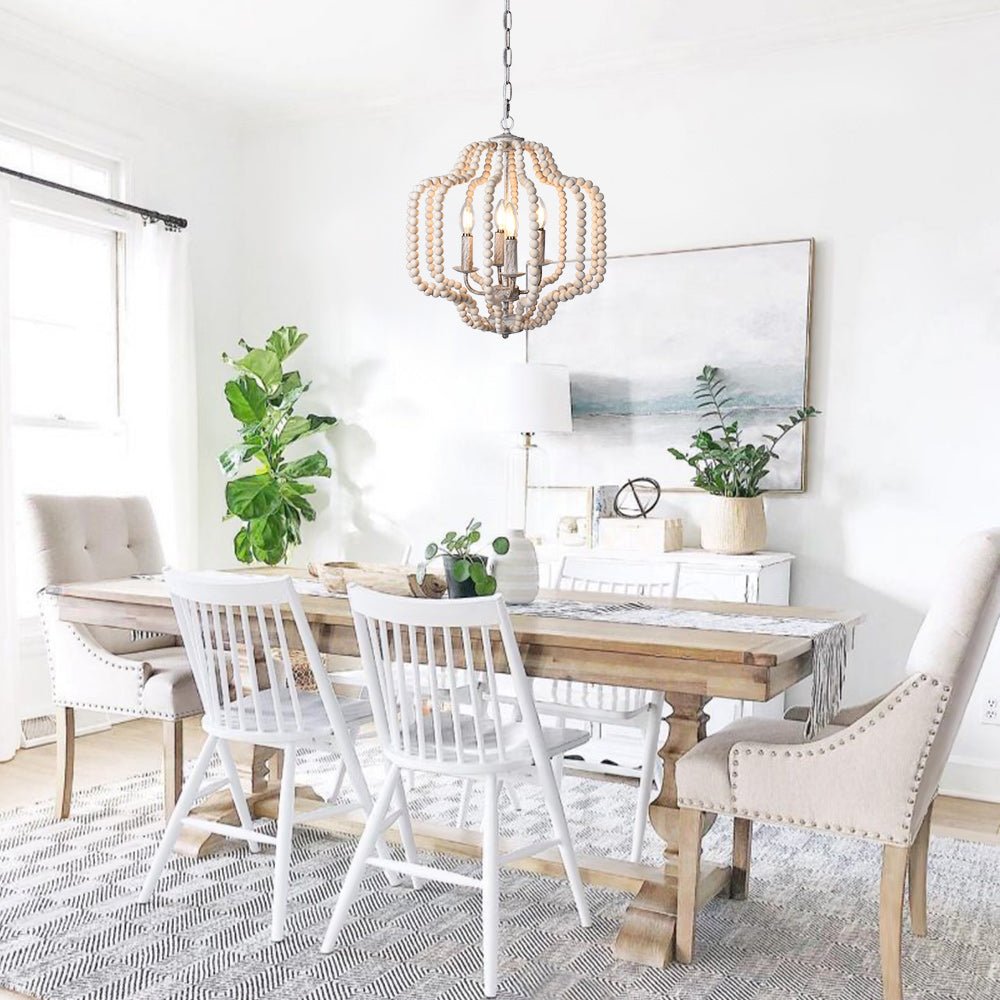Pendantlightie - Boho 4 - Light Geometric Lantern Wooden Beaded Chandelier - Chandeliers - Beige Wood Bead -