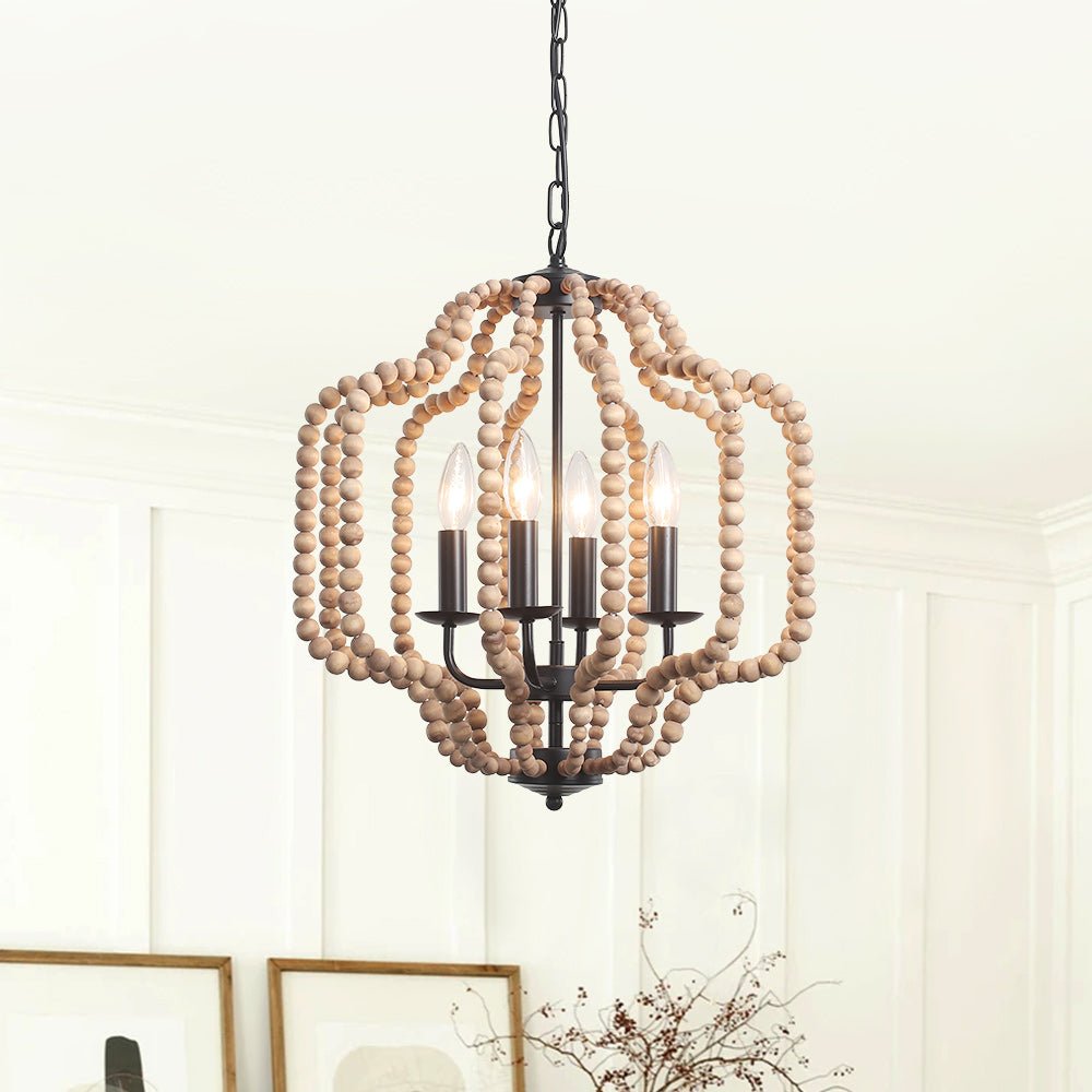 Pendantlightie - Boho 4 - Light Geometric Lantern Wooden Beaded Chandelier - Chandeliers - Brown Wood Bead -