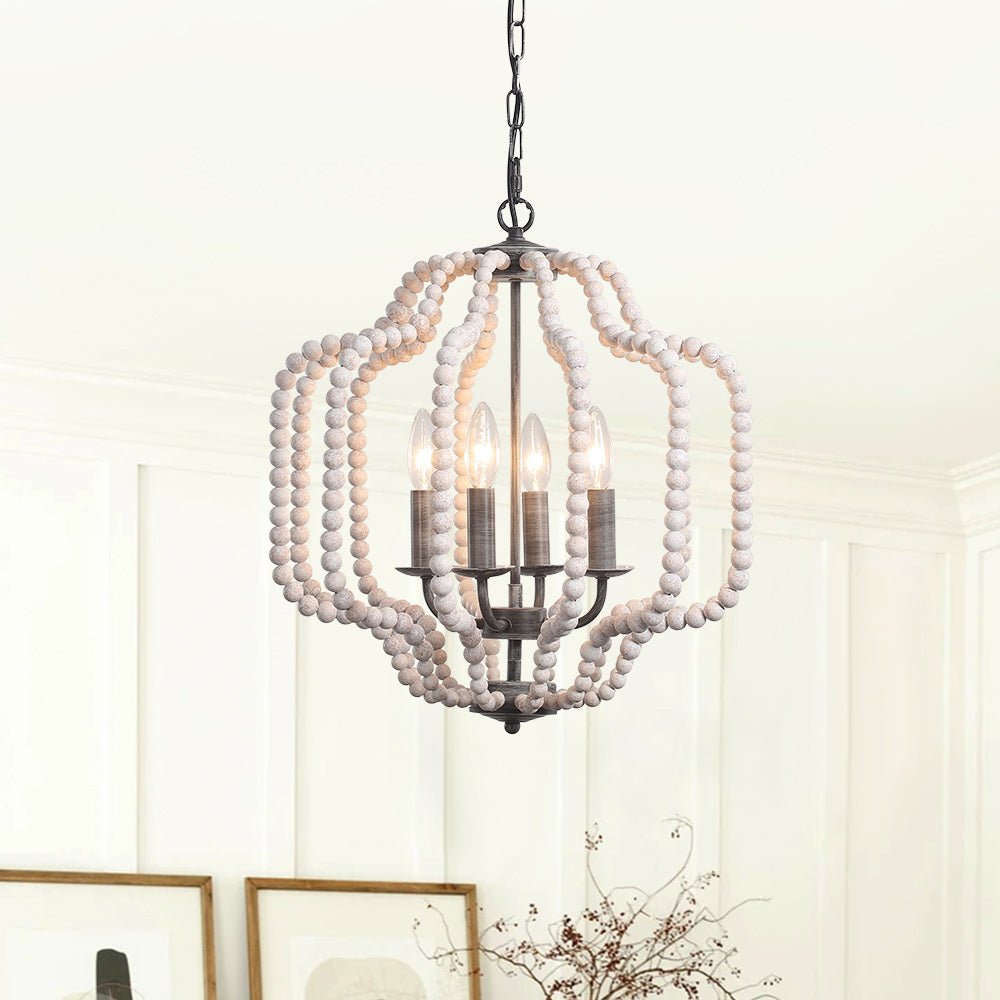 Pendantlightie - Boho 4 - Light Geometric Lantern Wooden Beaded Chandelier - Chandeliers - White Wood Bead -