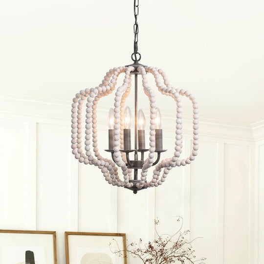 Pendantlightie - Boho 4 - Light Geometric Lantern Wooden Beaded Chandelier - Chandeliers - White Wood Bead -