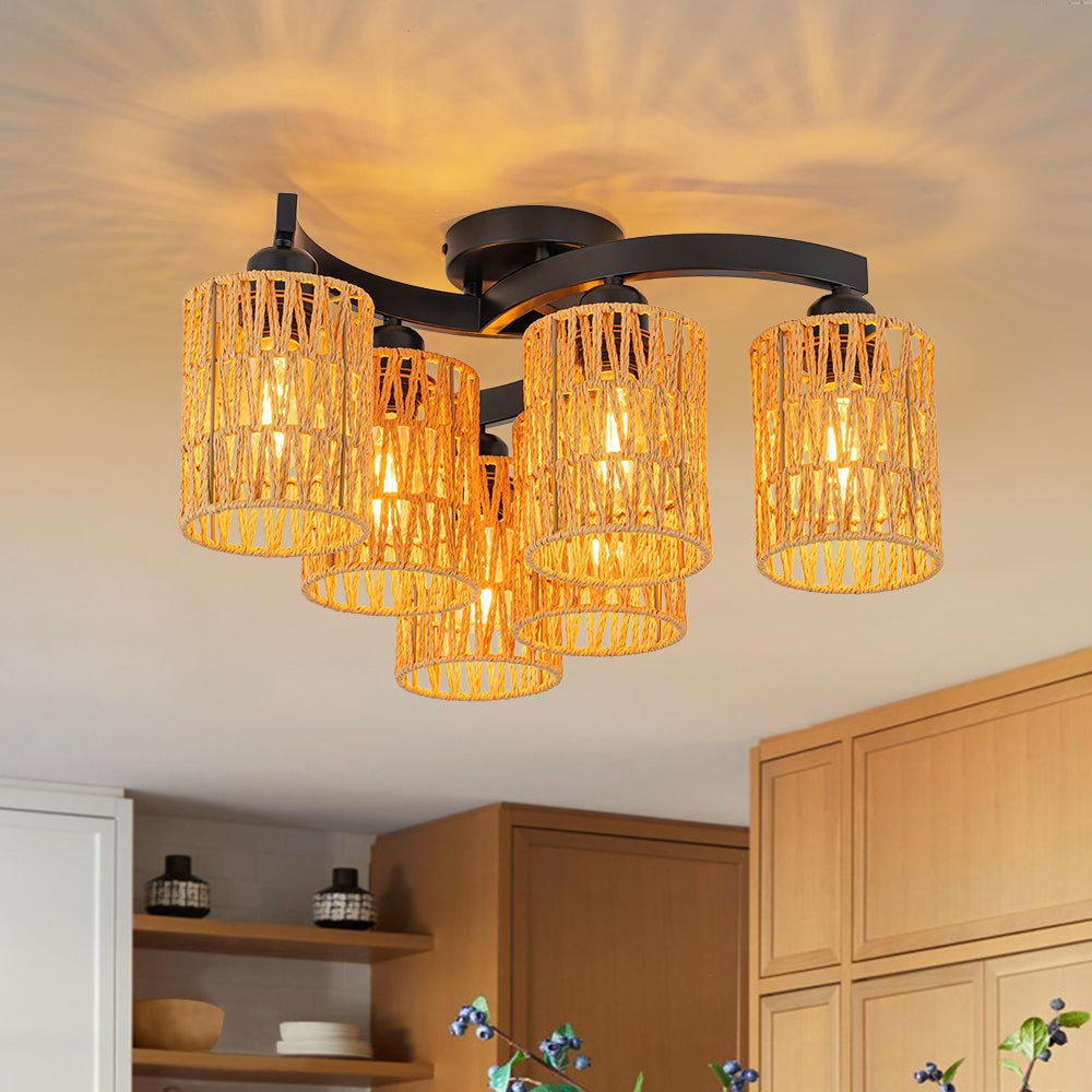 Pendantlightie - Boho Hand Woven Cluster Cage Semi Flush Mount - Semi Flush Mount - 6Lt -